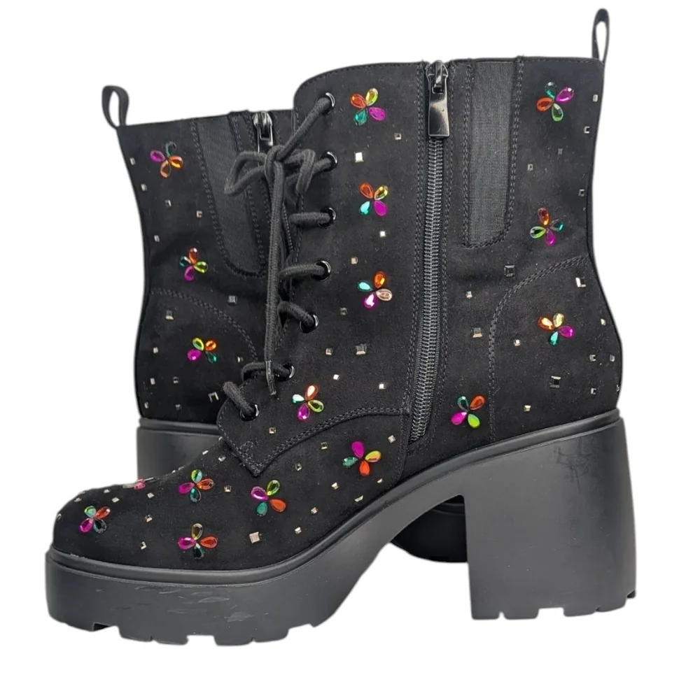 Betsey Johnson Micro Stones Chunky Heel Combat Boots | Size 11.5WW - Picture 5 of 10